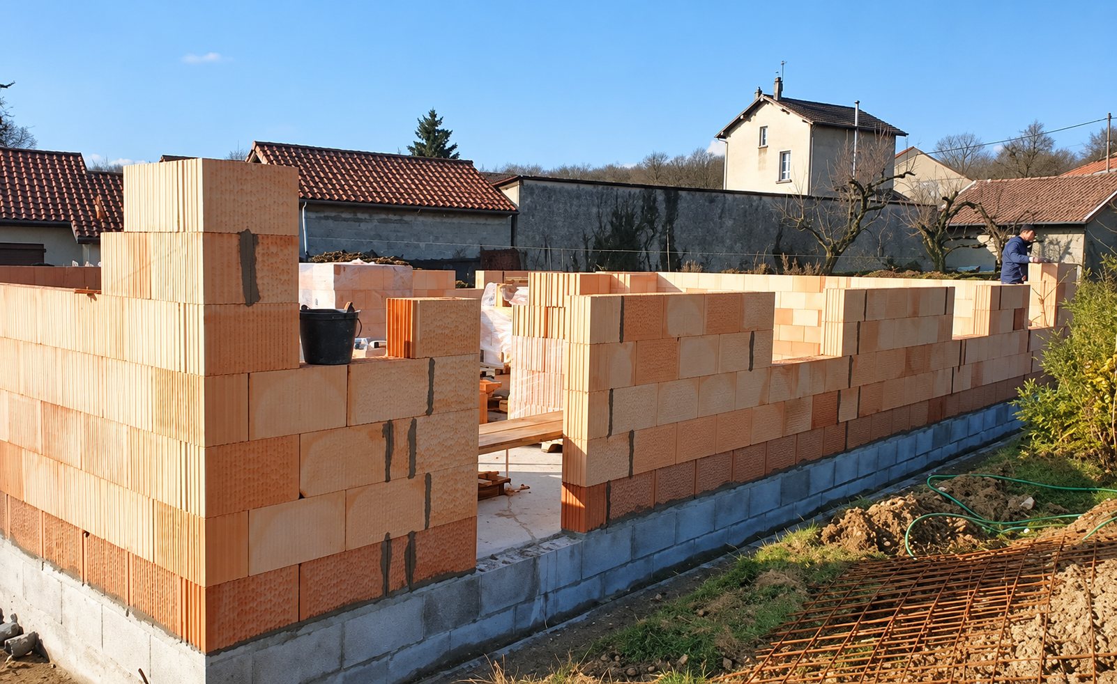 Murs en briques alvéolées orange montés sur un soubassement en parpaings