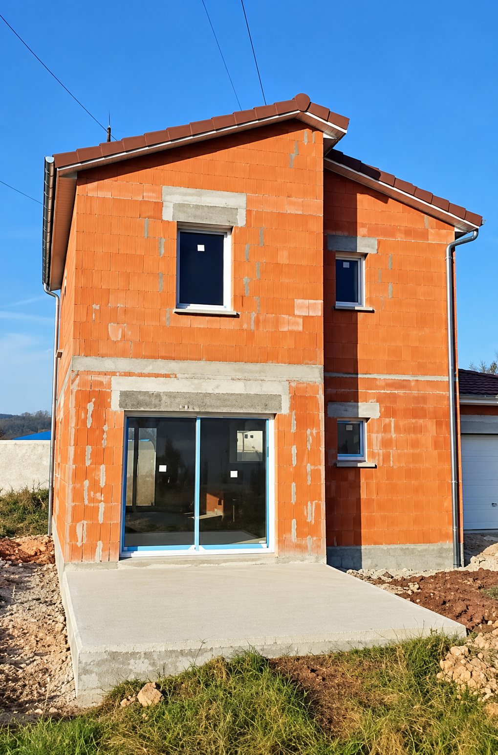 Maison en briques rouges en construction, vue en hauteur
