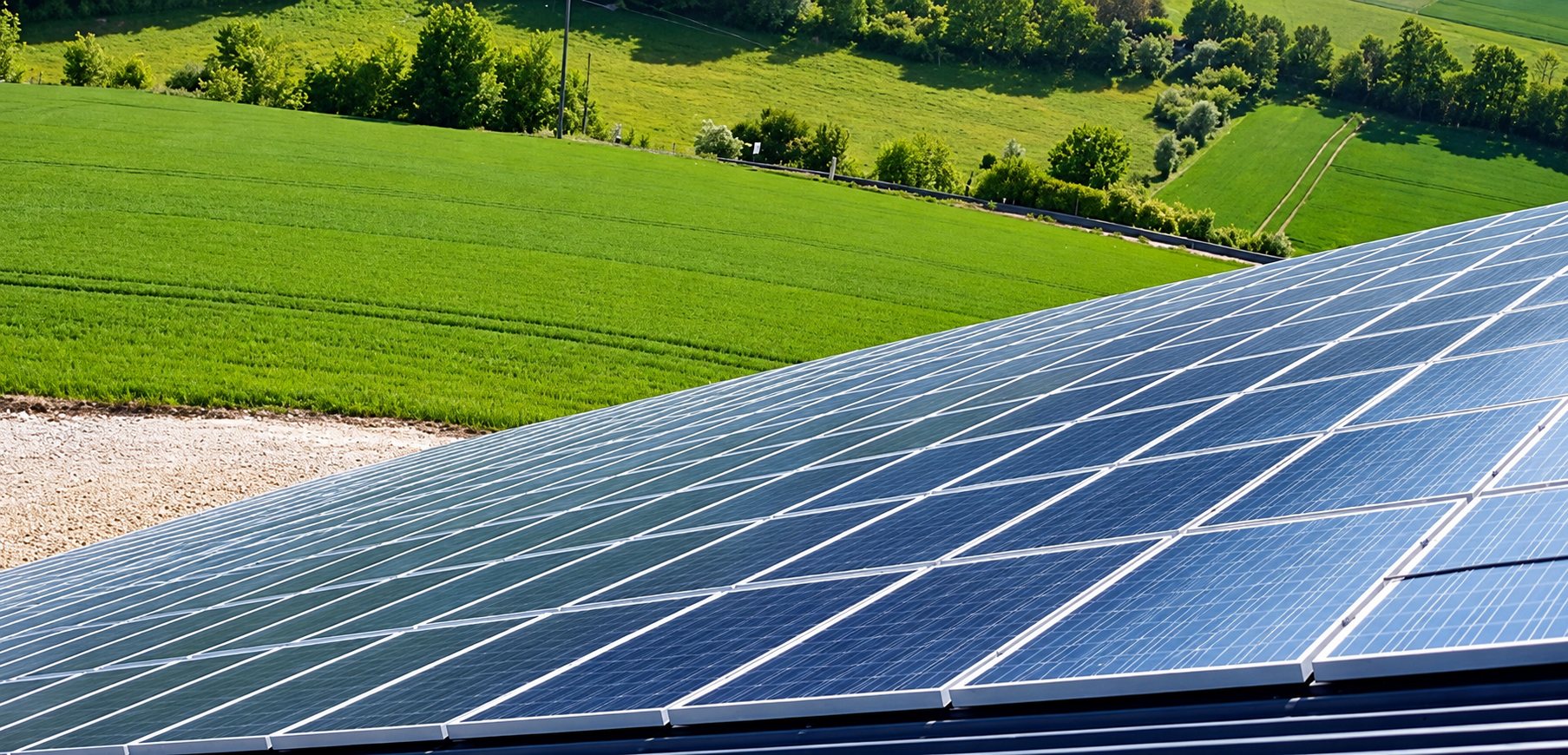 Panneaux solaires sur un toit, devant des prairies vertes