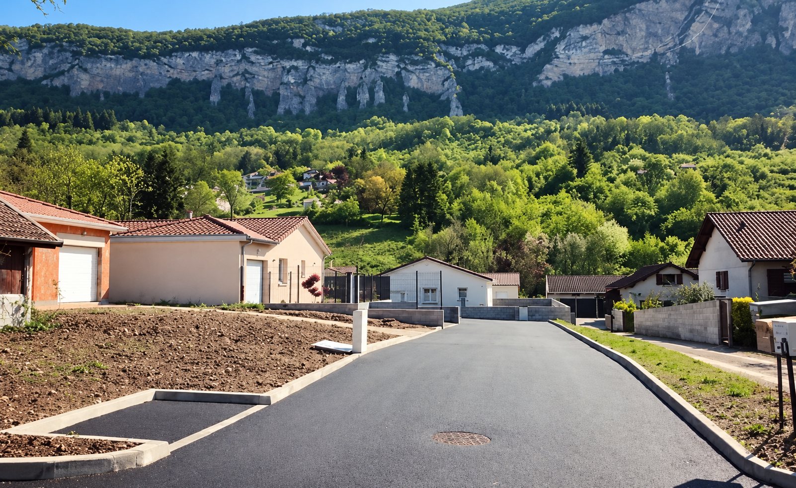 Voie d’accès récemment goudronnée dans un lotissement, au pied d’une falaise